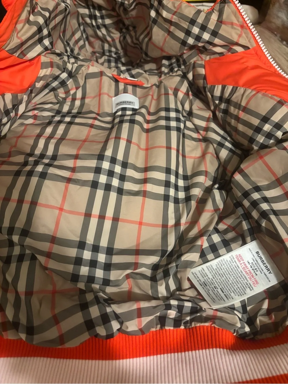 Burberry Kids Orange Hooded Puffer Jacket with Stripe Hem